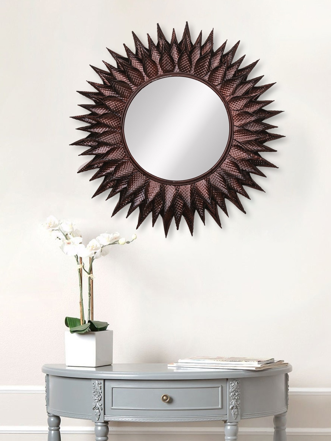

eCraftIndia Brown & Copper-Toned Metal Decorative Handcarved Wall Mirror