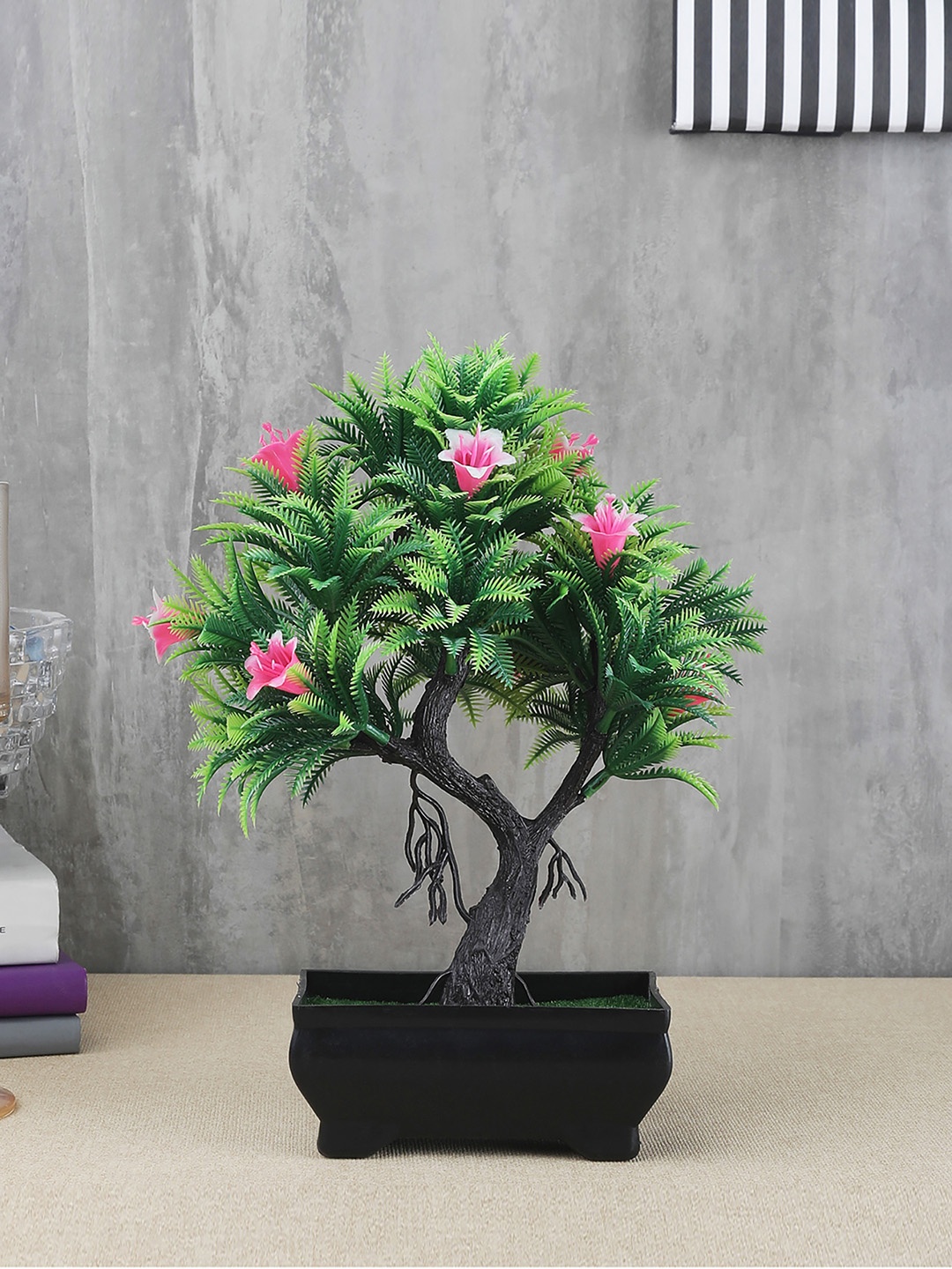 

FOLIYAJ Green & Pink Artificial Y Shaped Bonsai Tree With Fern Leaves Flowers & Black Pot
