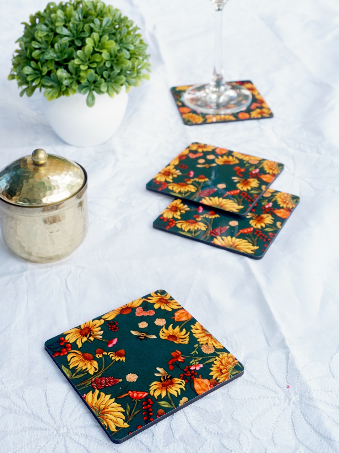 

KOLOROBIA Set Of 4 Green & Yellow Floral Printed Square Wooden Coasters