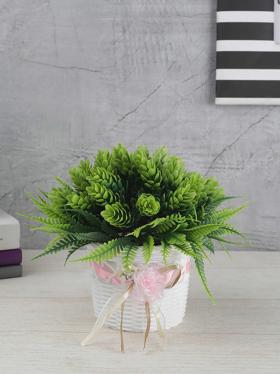 

FOLIYAJ Green Artificial Plant With Fern Leaves Buds & White Pot