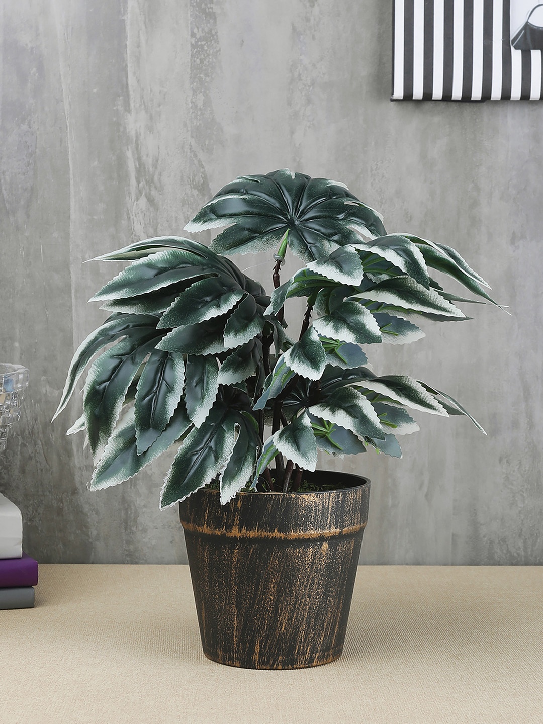 

FOLIYAJ Green & White Artificial Maple Leaf Plant With Black Pot