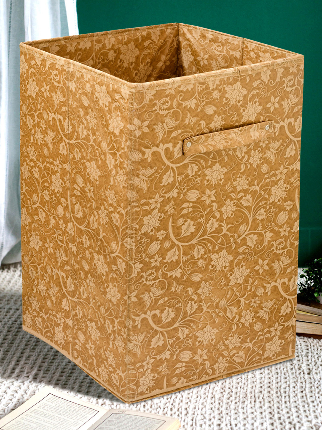 

Kuber Industries Beige Metalic Floral Print Foldable Laundry Basket With Handles