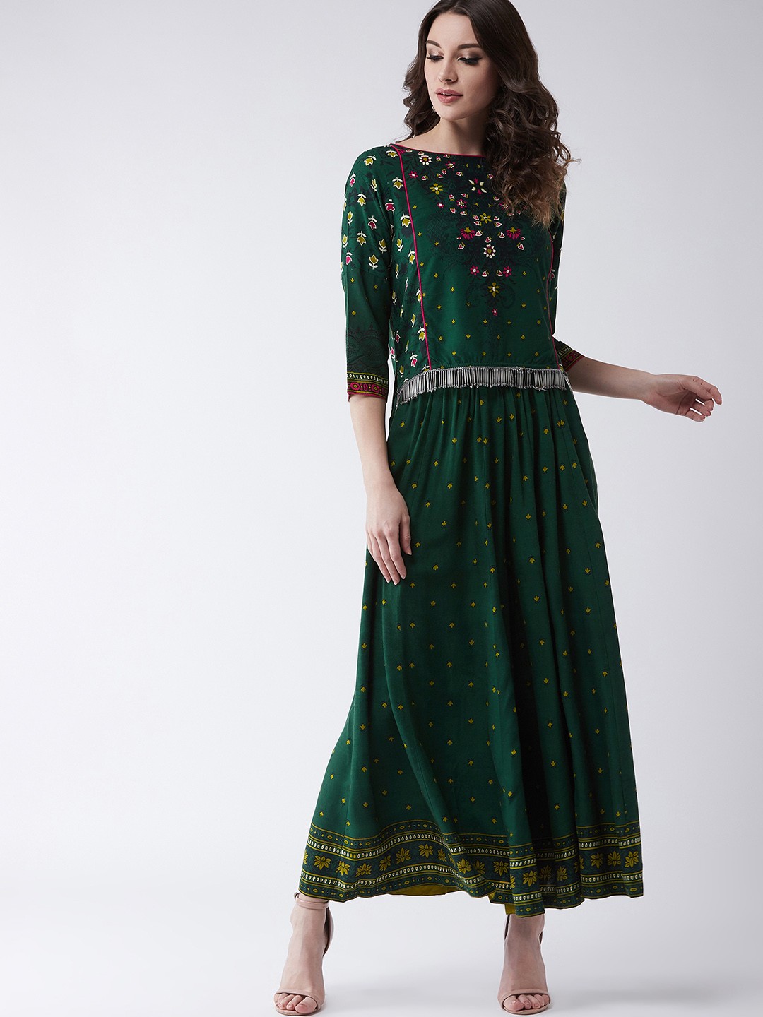 

Pannkh Women Green Mughal High-Low Top With Kalidaar Palazzo