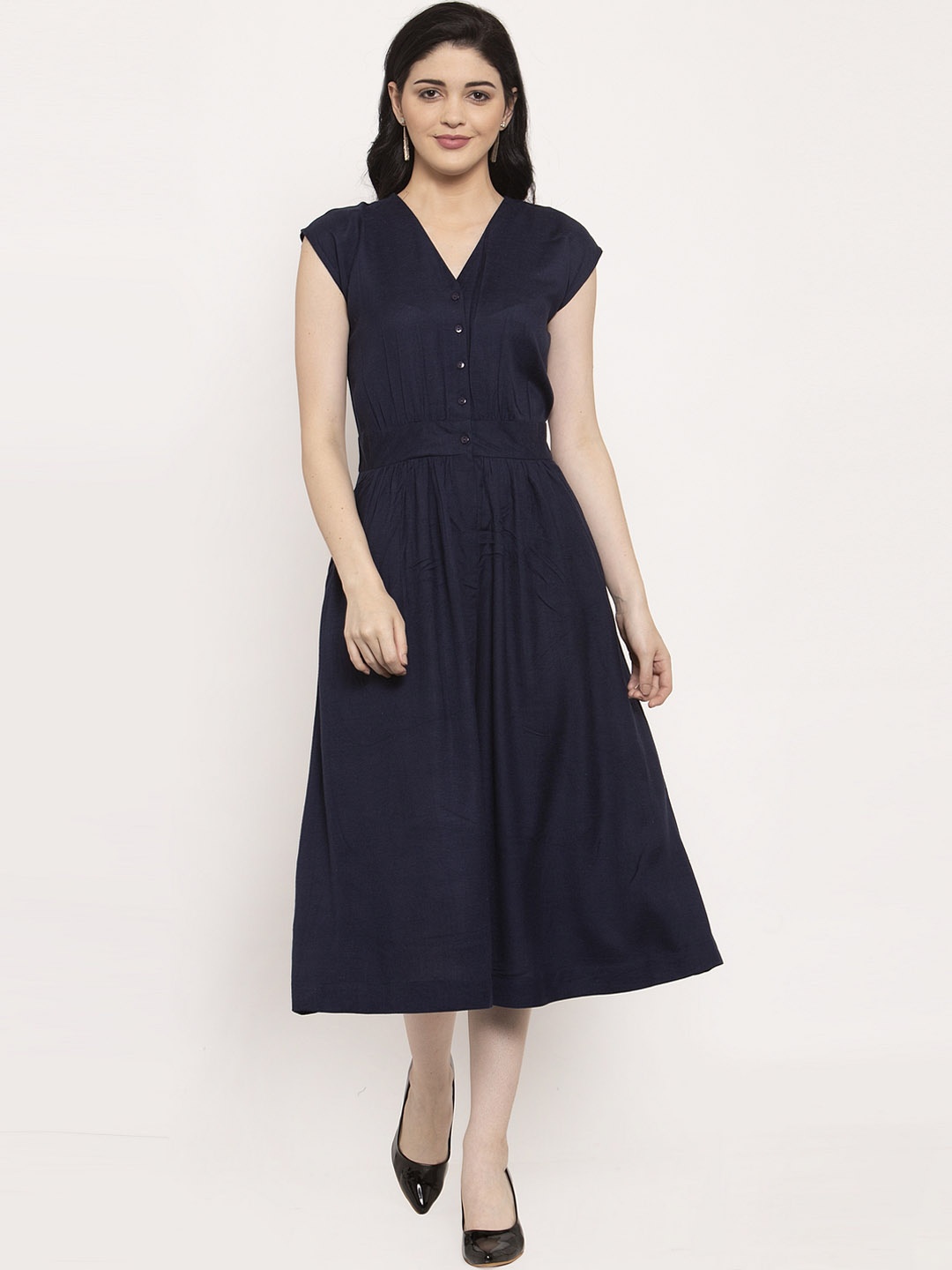 

Ayaany Women Navy Blue Solid Fit and Flare Dress