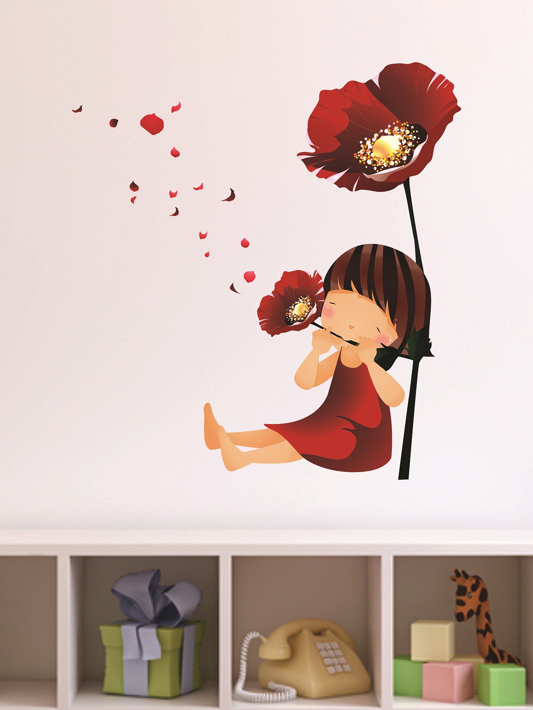 

WALLSTICK Red & Beige Girl With Flowers Large Vinyl Wall Sticker