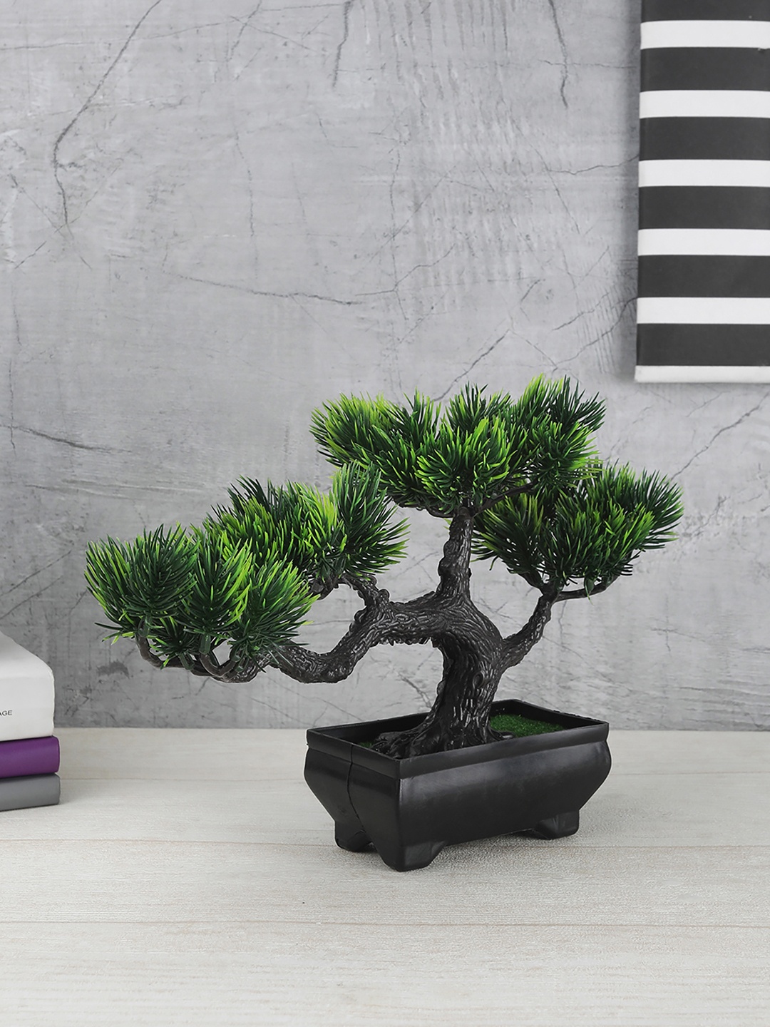 

FOLIYAJ Green Artificial 4 Head Bonsai Tree With Bushy Leaves & Black Pot