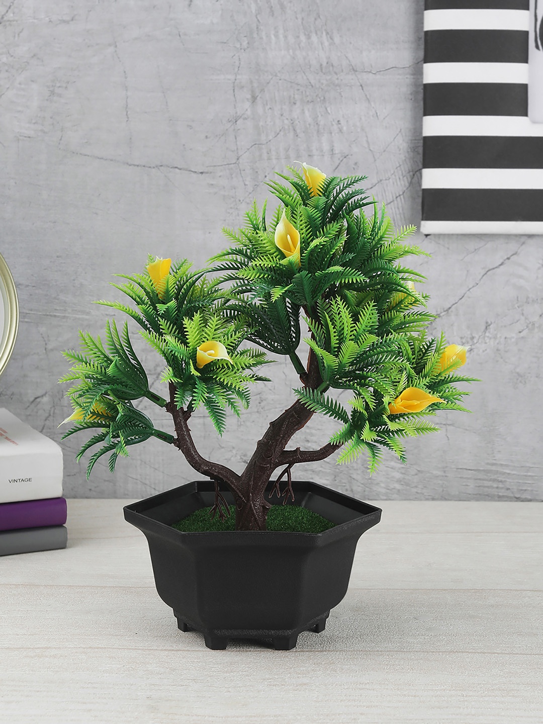 

FOLIYAJ Green & Yellow Artificial Bonsai Tree With Leaves Flowers & Brown Pot