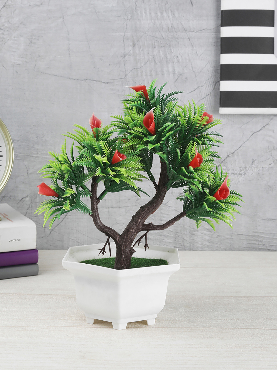 

FOLIYAJ Green & Red Artificial 3 Branches Bonsai Tree With Leaves Flowers & White Pot