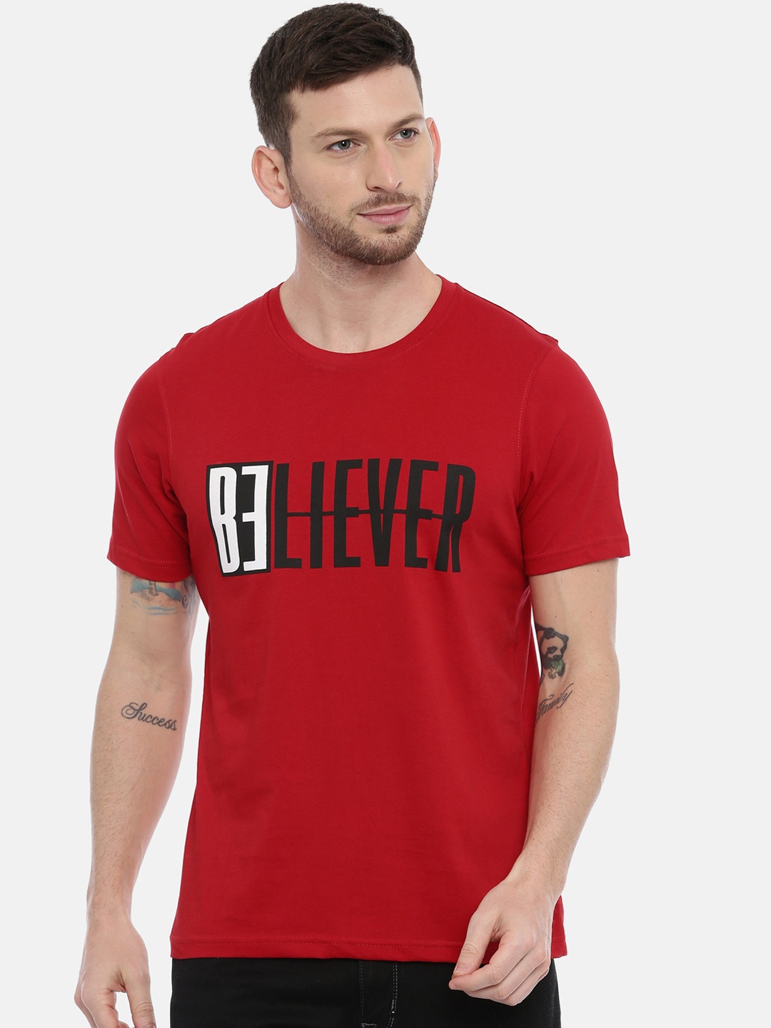 

Bushirt Men Red Printed Round Neck Pure Cotton T-shirt