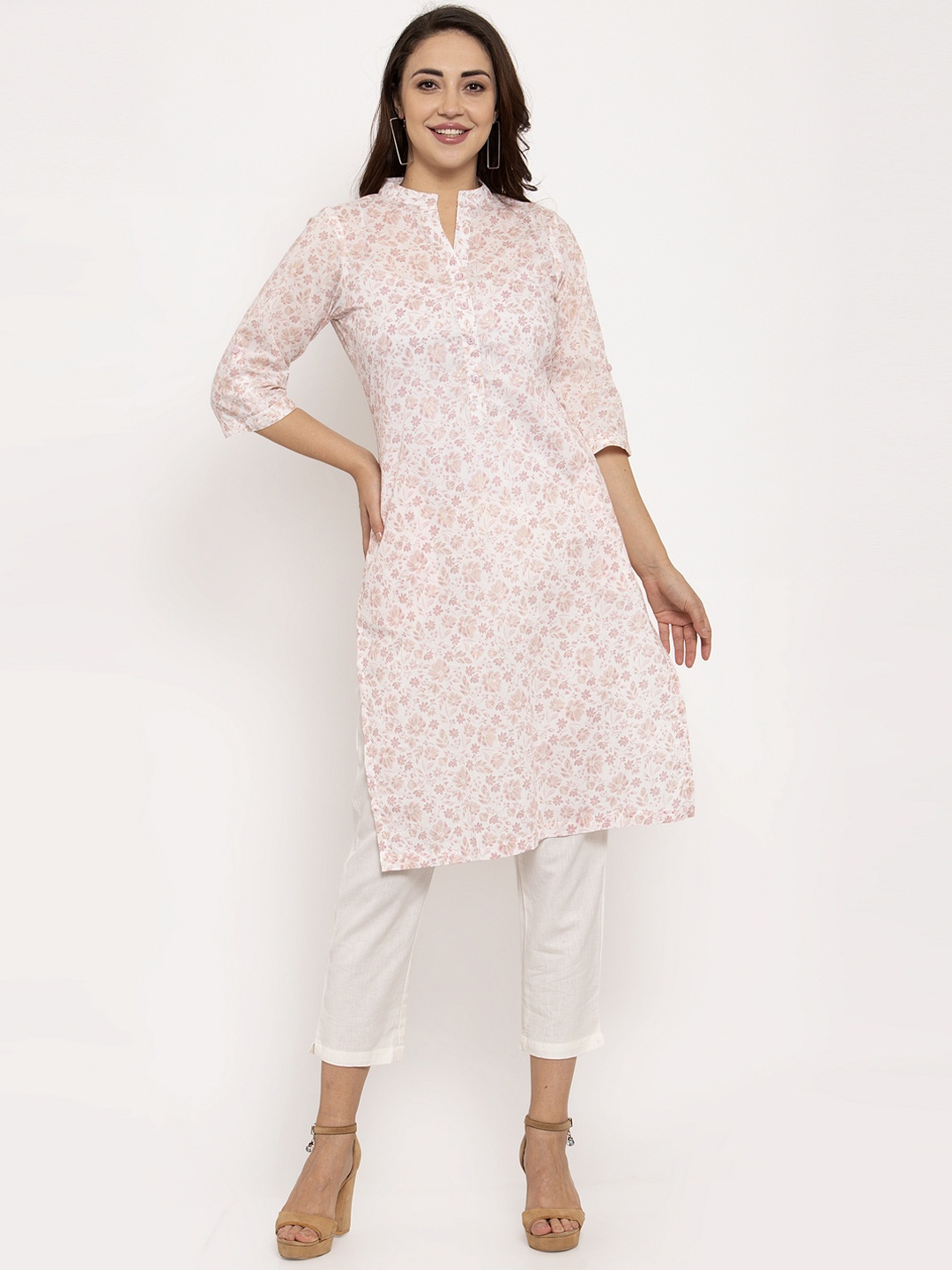 

Ayaany Women Cream-Coloured Printed A-Line Kurta