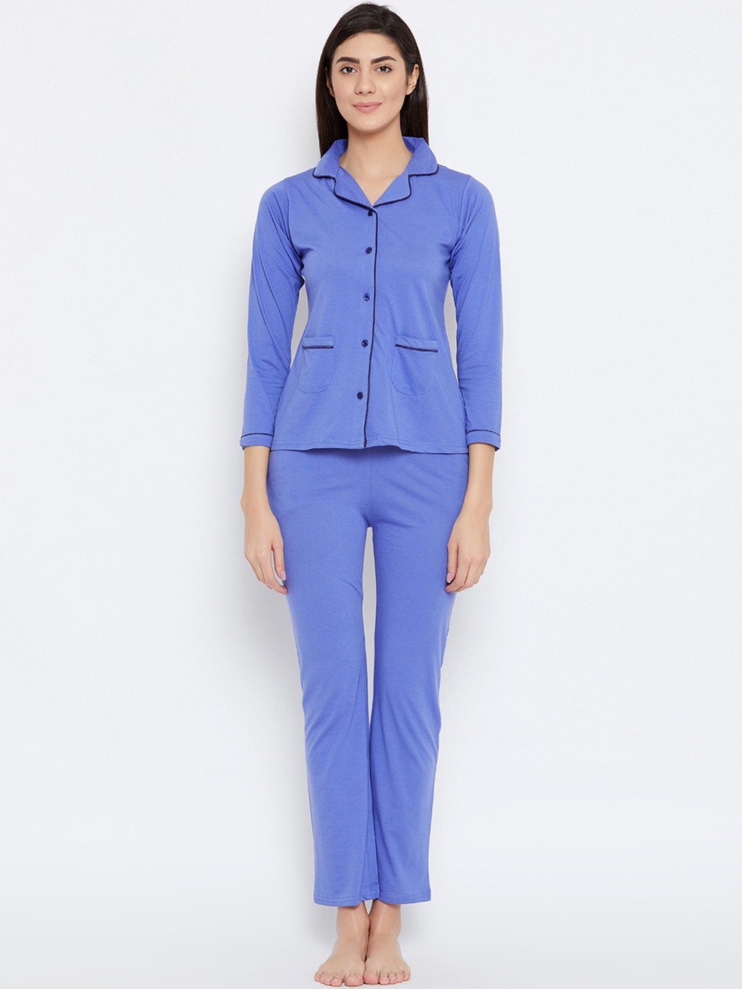 

Clovia Women Blue Solid Night Suit LS0495P123