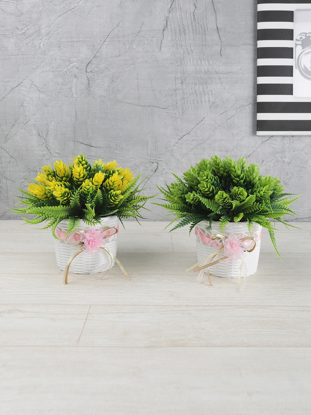 

FOLIYAJ Set Of 2 Green & Yellow Artificial Fern Leaves Plant With Buds