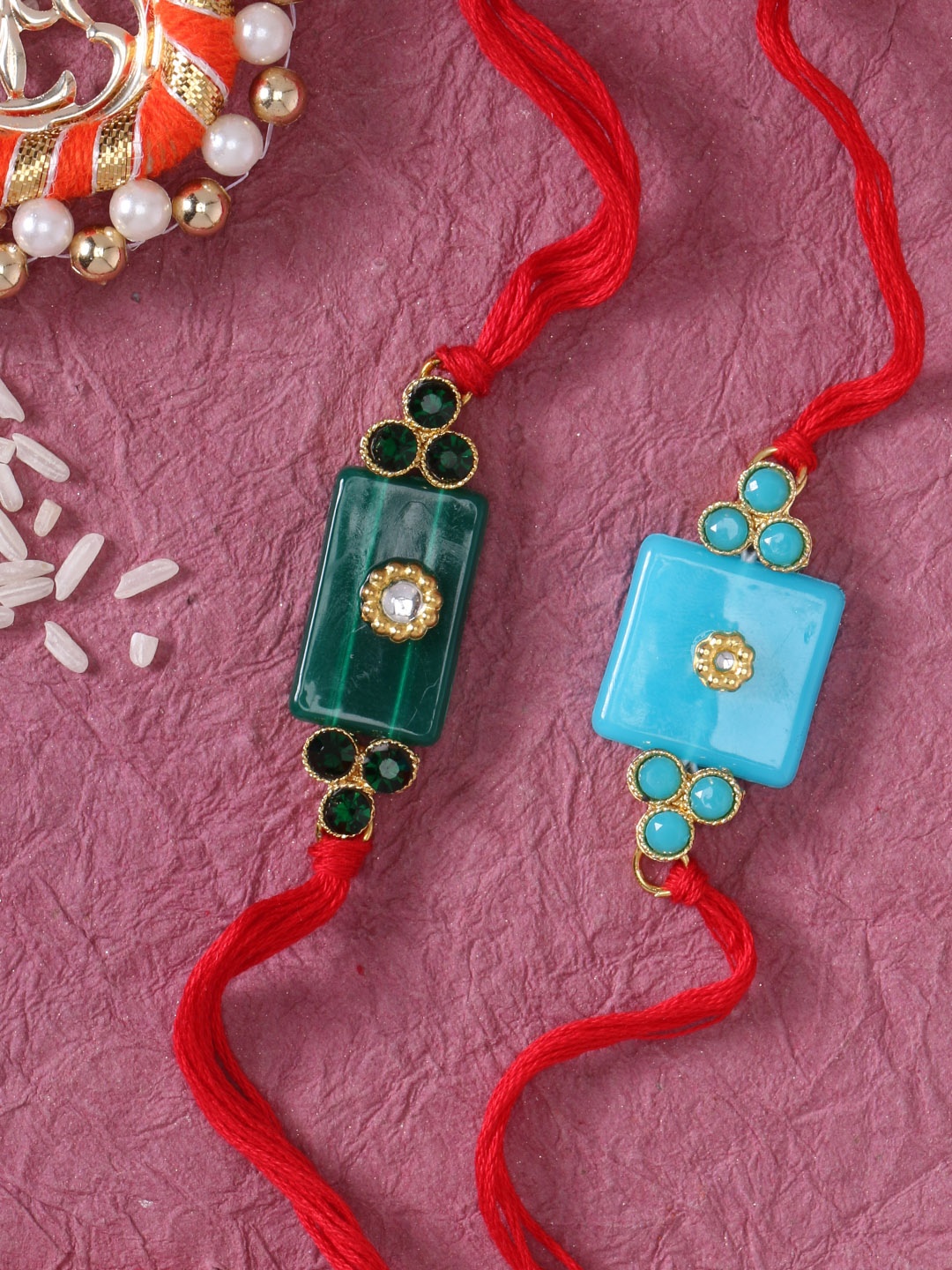 

LIVE EVIL Men Turquoise Blue & Green Combo of 2 Handcrafted Rakhi & Greeting Card