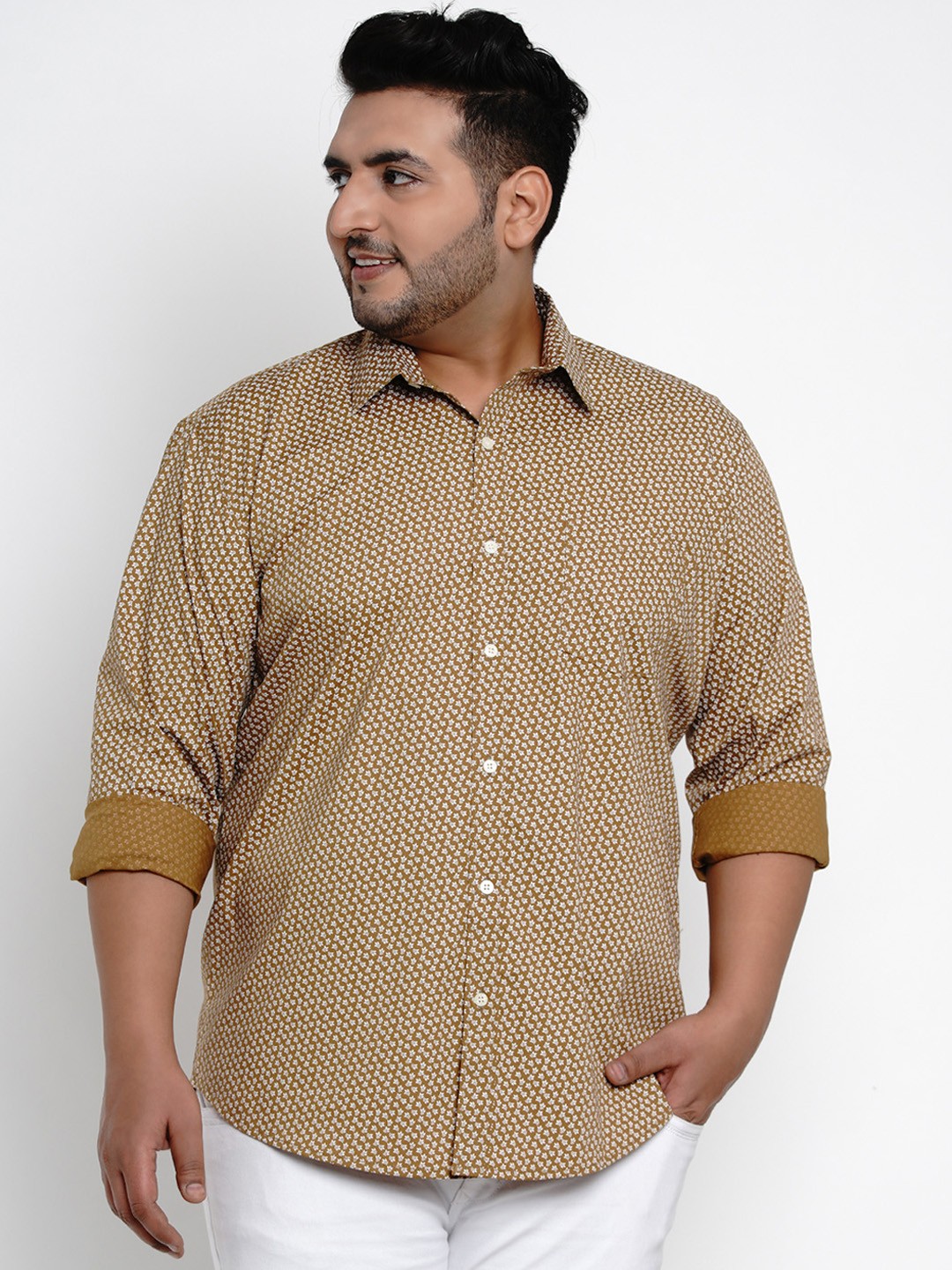 

John Pride Men Mustard Yellow Comfort Regular Fit Printed Plus Size Casual Shirt