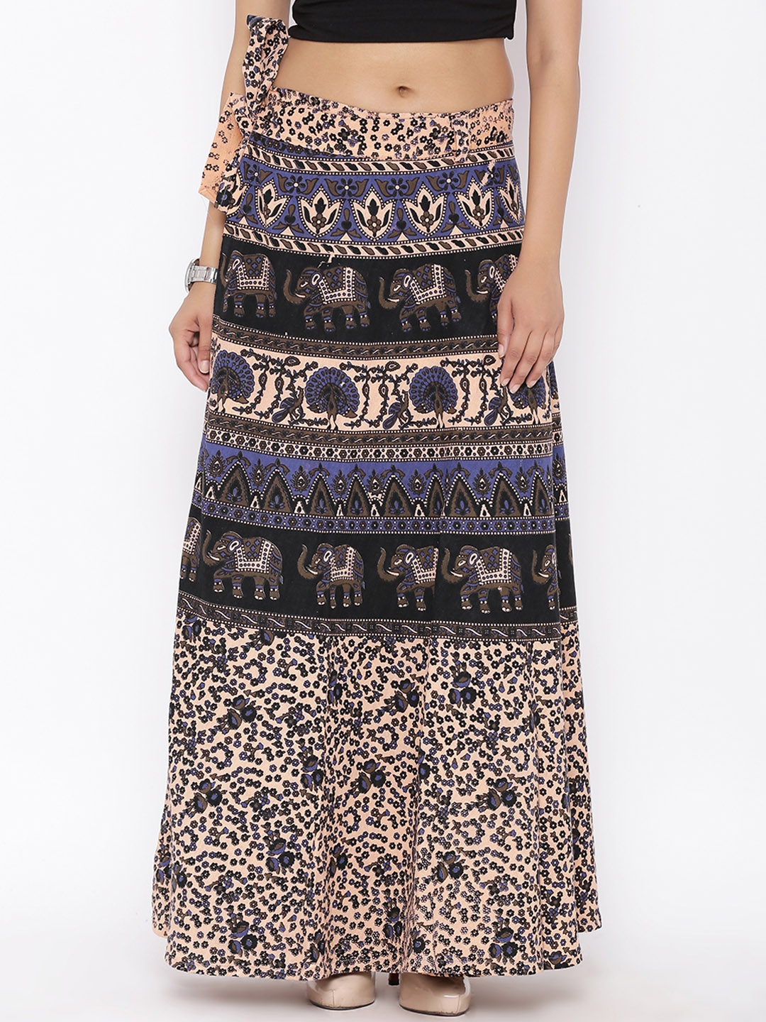 SOUNDARYA Women Beige & Black Printed Wrap Maxi Skirt