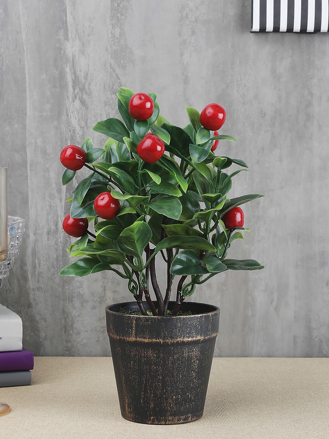 

FOLIYAJ Green & Red Artificial Cherry Bonsai Tree With Pot