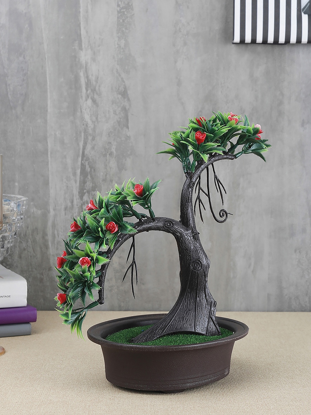 

FOLIYAJ Green & Red Artificial Shoe Horn Shaped Bonsai Tree With Flowers & Brown Pot