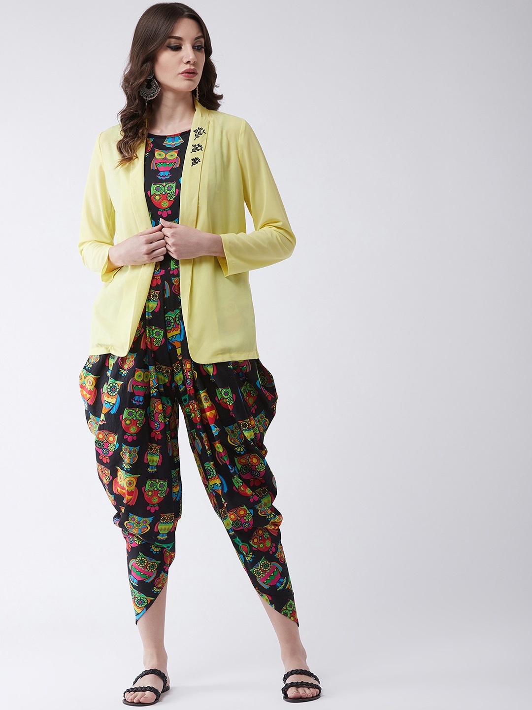 

Pannkh Women Black & Yellow Printed Culotte Jumpsuit With Shrug