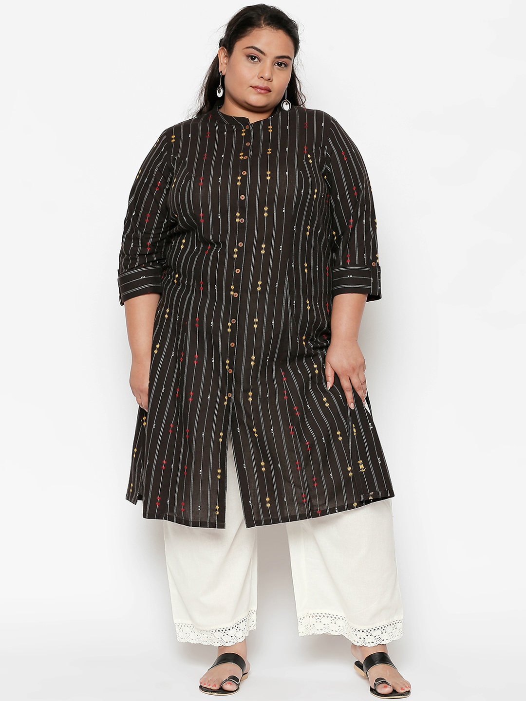 

RANGMANCH PLUS by Pantaloons Women Black Striped A-Line Kurta
