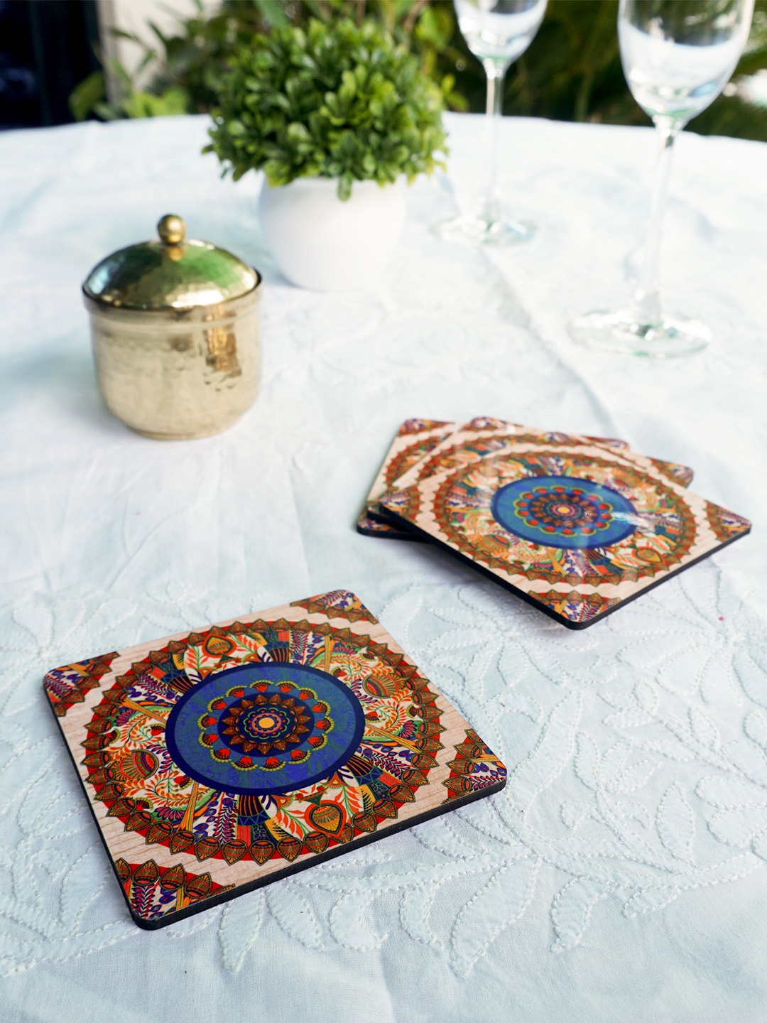 

KOLOROBIA Set of 4 Blue & Yellow Sylvan Egyptian Wooden Square Coasters