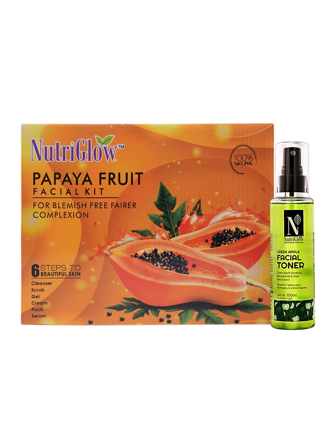

NutriGlow Set of Papaya Facial Kit 250g+10ml & Green Apple Facial Toner 100ml, Multi