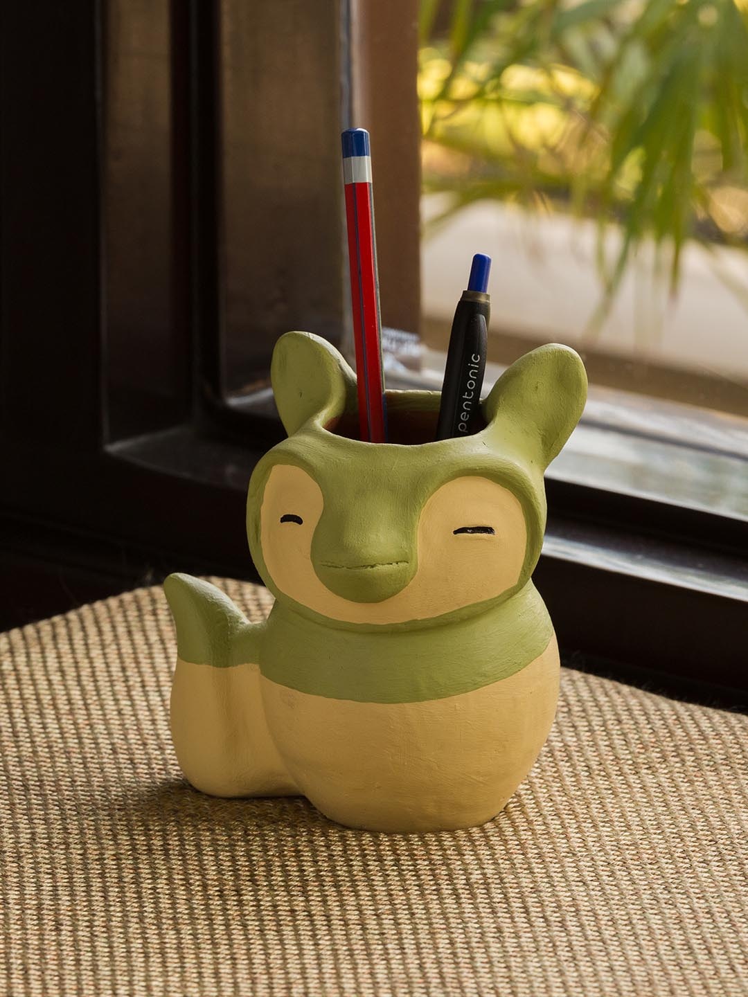 

ExclusiveLane 'Merry Cat' Handmade & Hand-painted Pen Stand In Terracotta (5.5 Inch), Green