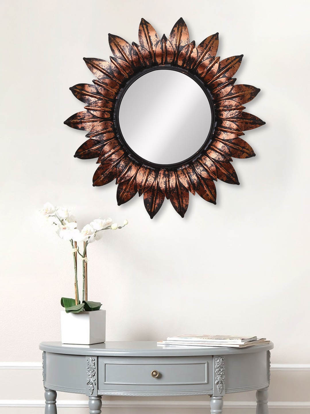 

eCraftIndia Copper-Toned & Black Metal Decorative Handcarved Wall Mirror