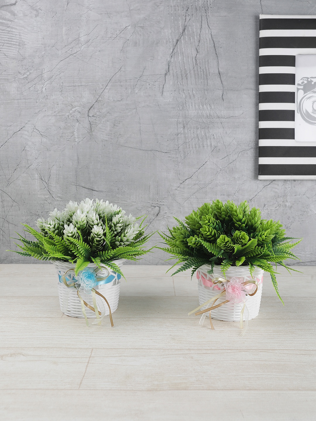 

FOLIYAJ Set Of 2 Green & White Artificial Plant With Fern Leaves Buds & White Pots