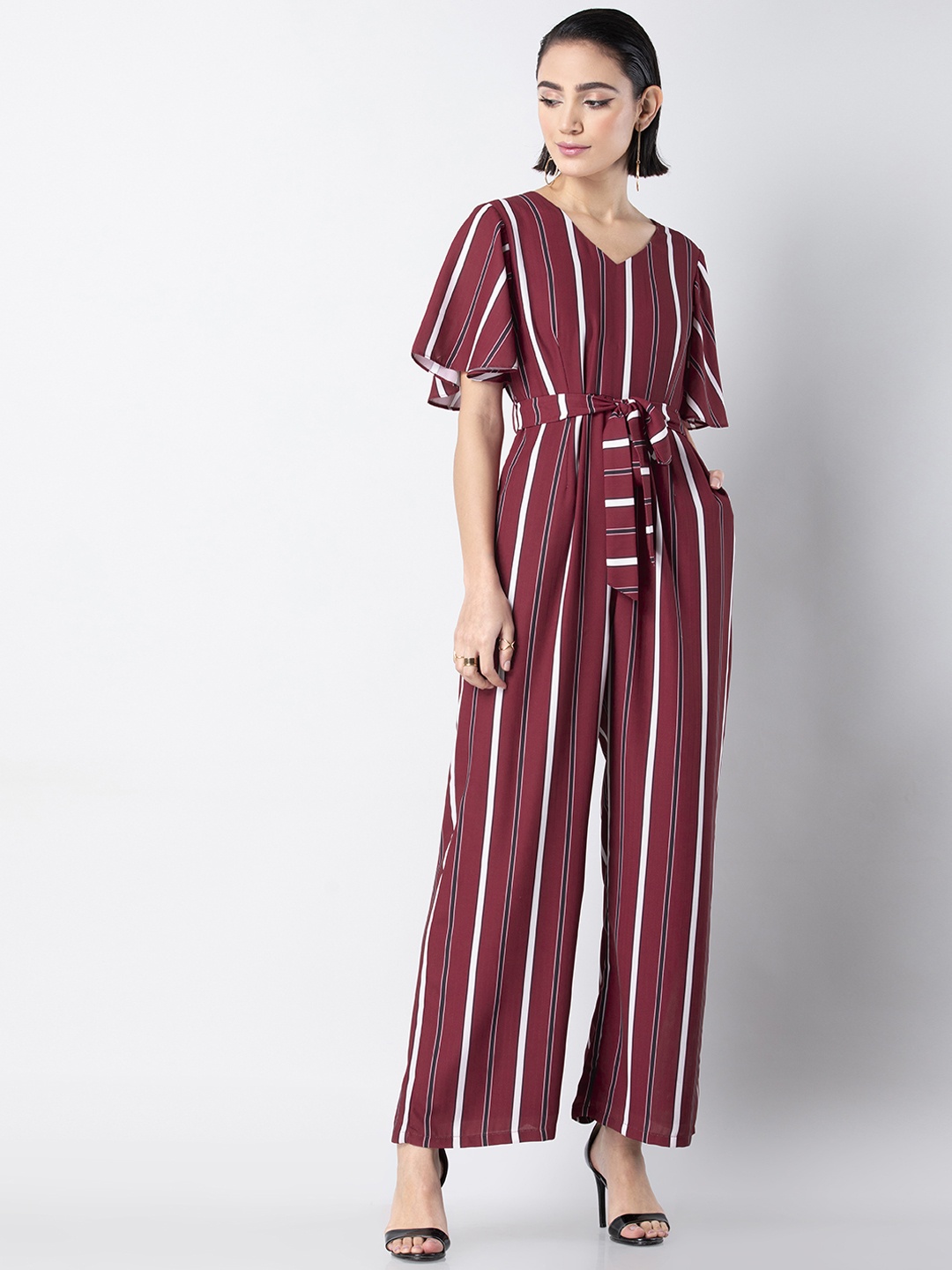 

FabAlley Women Maroon Striped Basic Jumpsuit