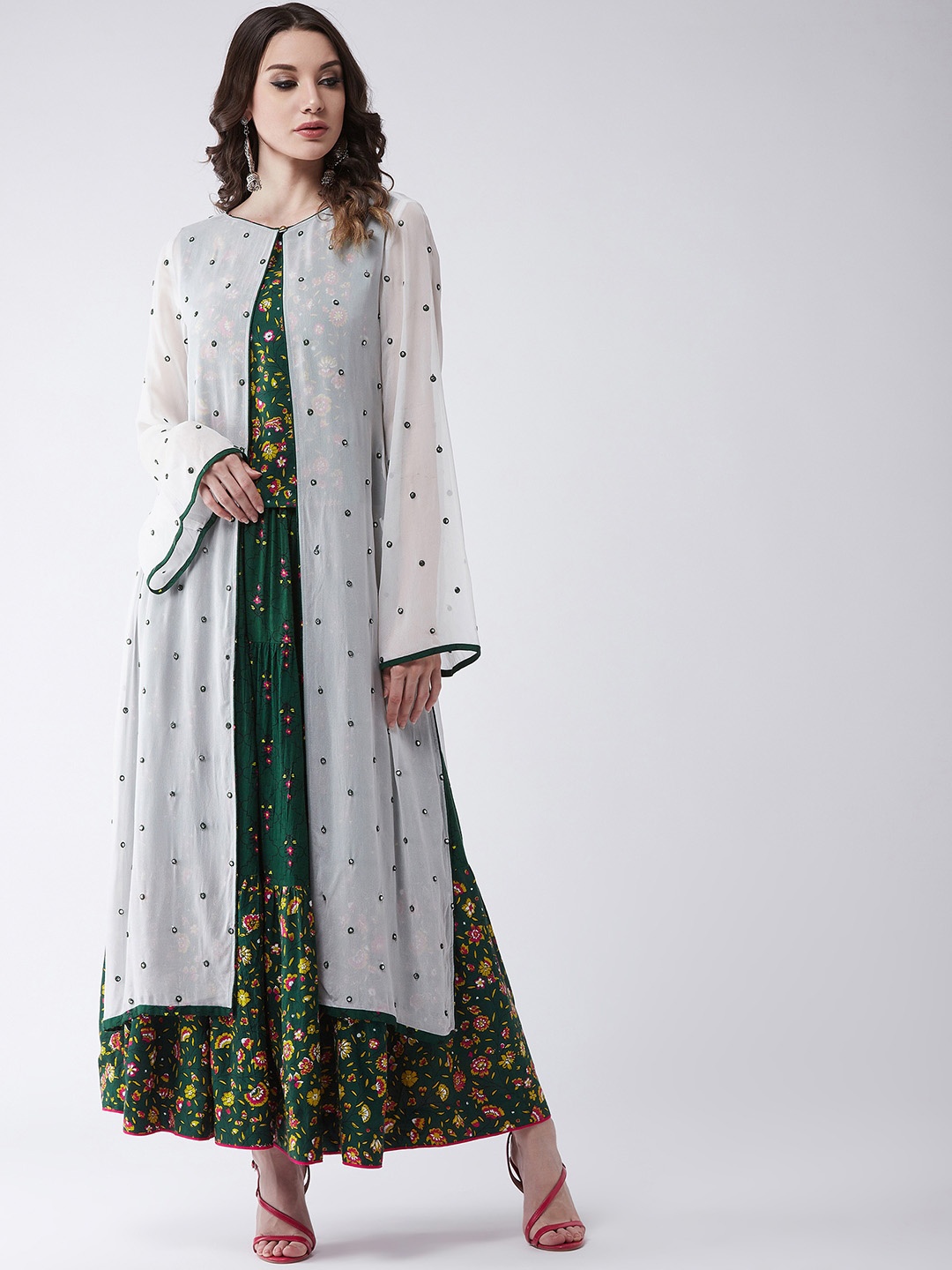 

Pannkh Women Green & Pink Printed Top with Skirt And Shrug
