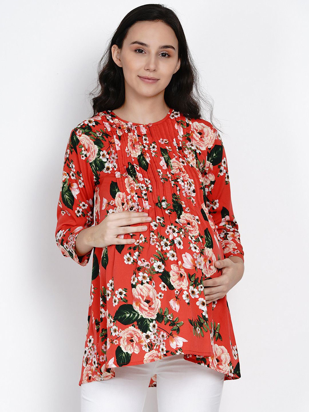 

Mine4Nine Women Rust Red & Green Floral Printed Maternity Top