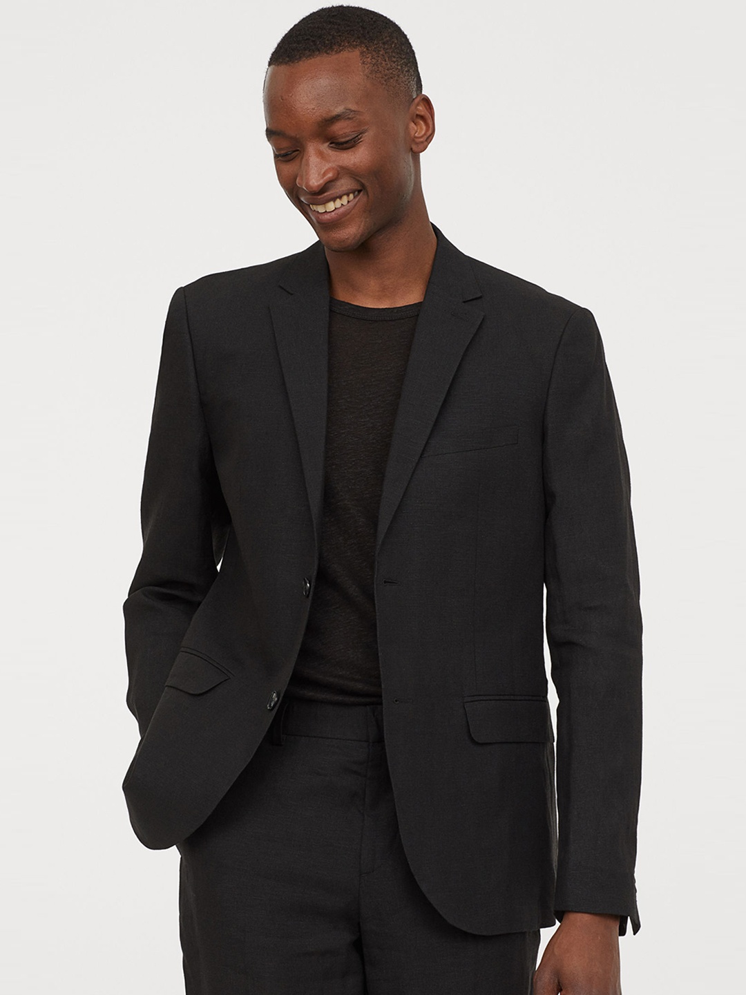 

H&M Men Black Linen Jacket Slim Fit