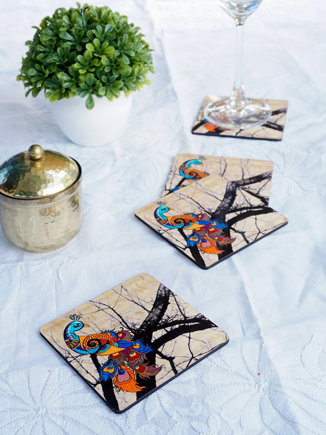 

KOLOROBIA Set of 4 Yellow & Blue Charismatic Peacock Wooden Square Coasters