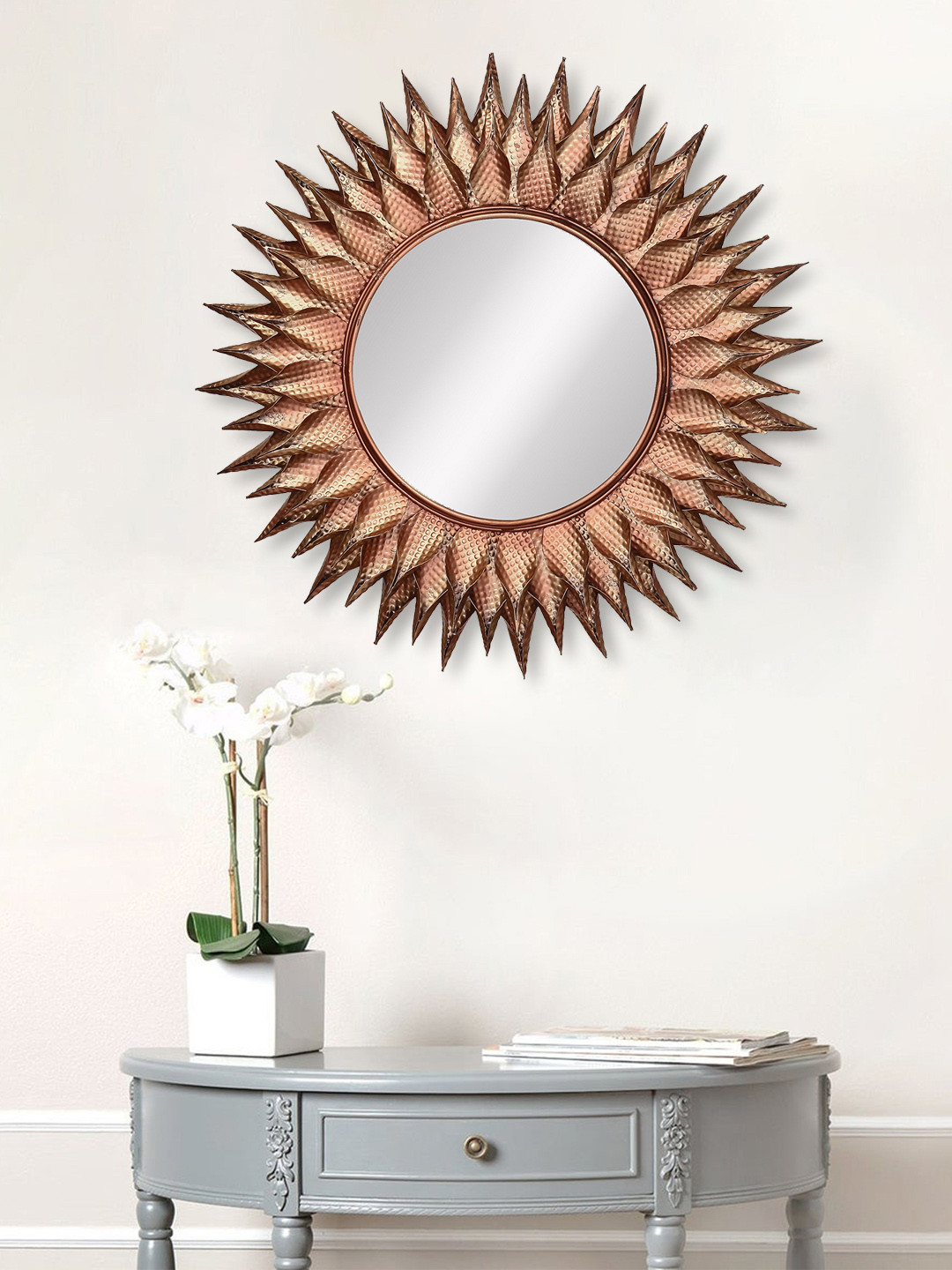 

eCraftIndia Copper-Toned Metal Decorative Handcarved Wall Mirror