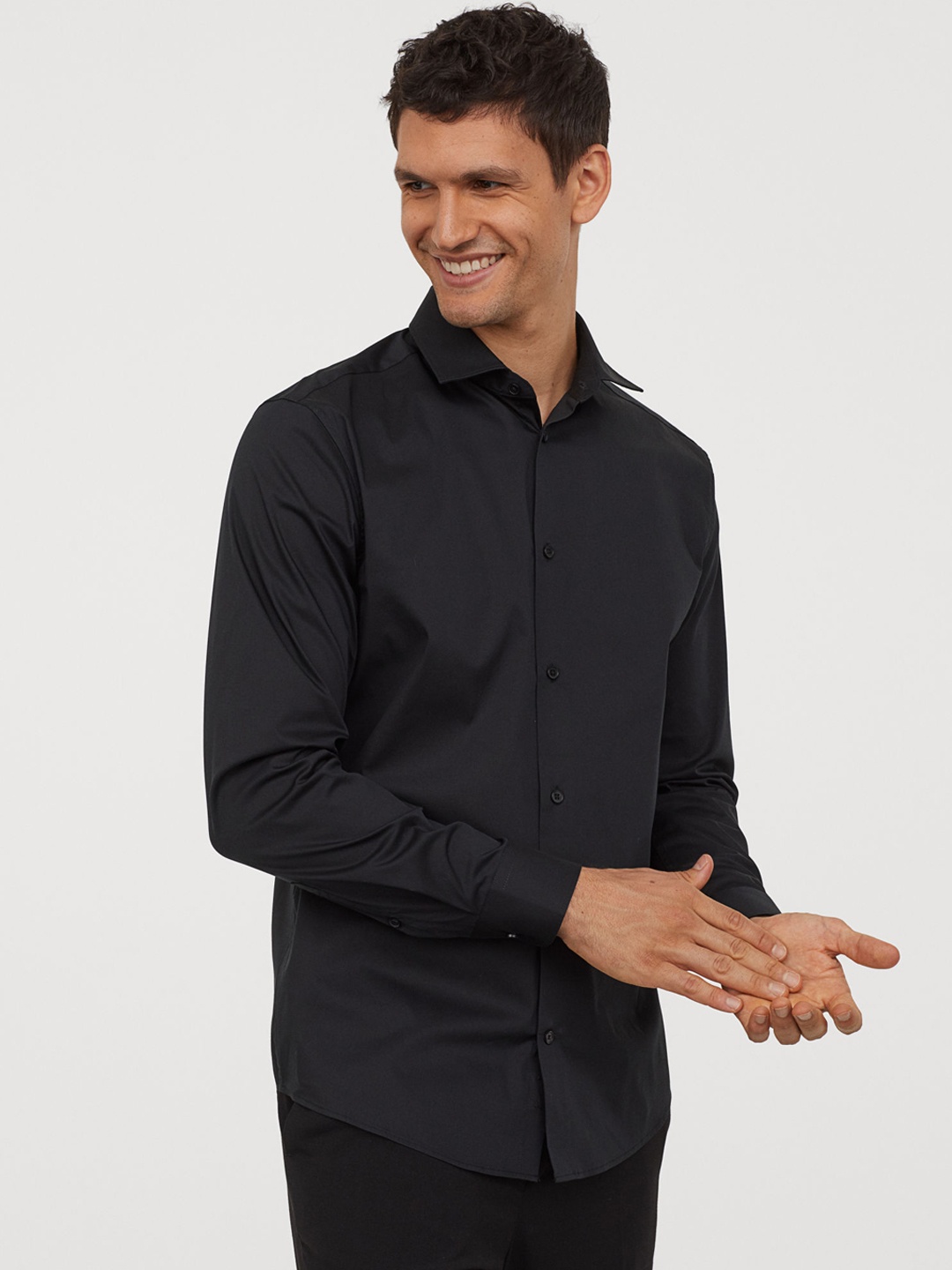 

H&M Men Black Solid Slim Fit Stretch Shirt