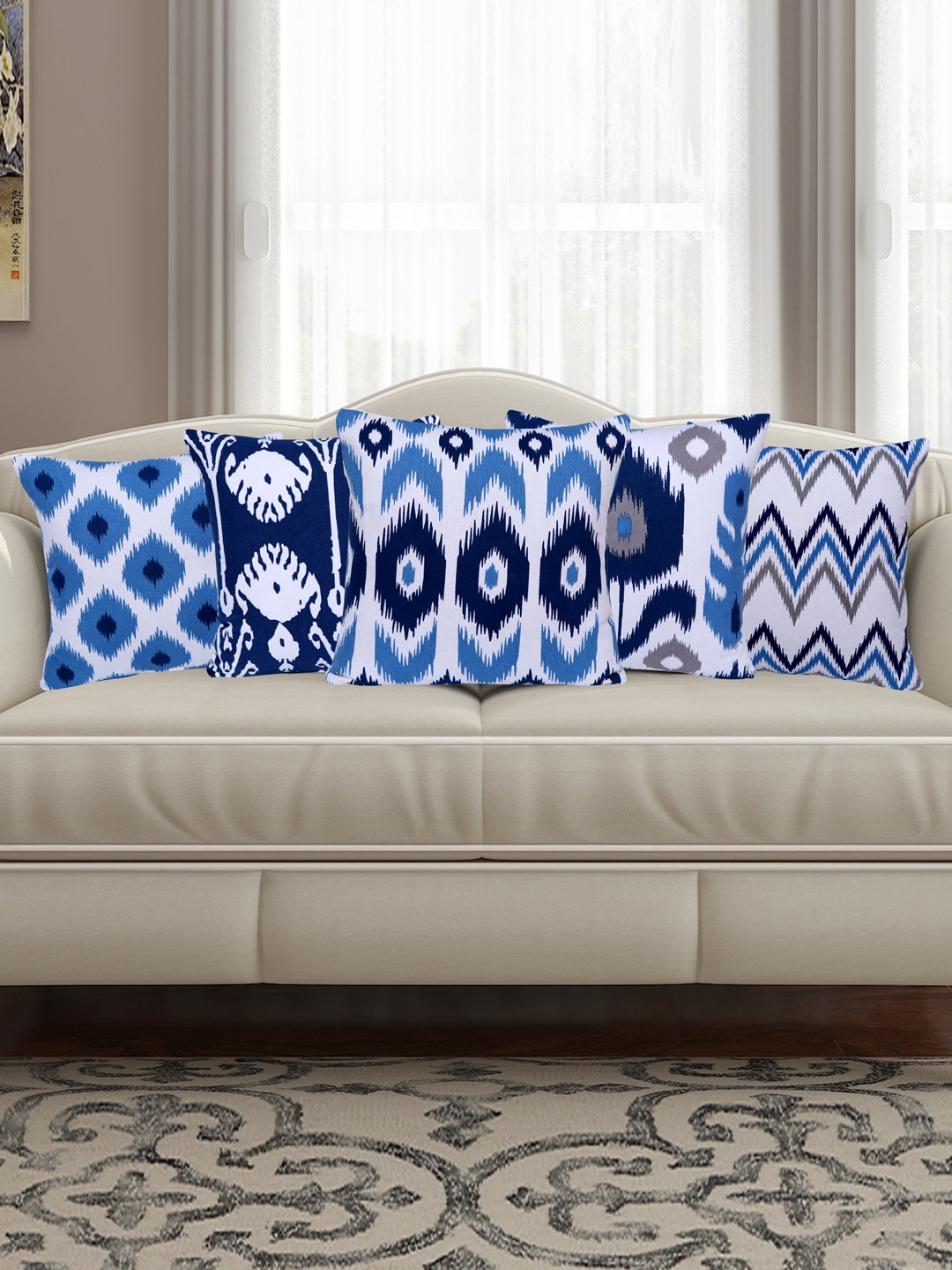 MODERN HOMES Indigo Blue & White Set of 5 Square Cotton Large Cushion Covers