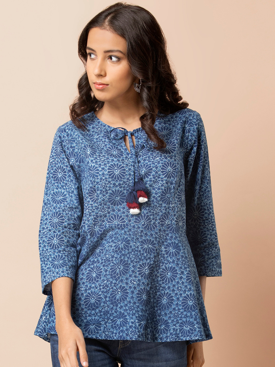 

INDYA Women Blue Printed A-Line Pure Cotton Top
