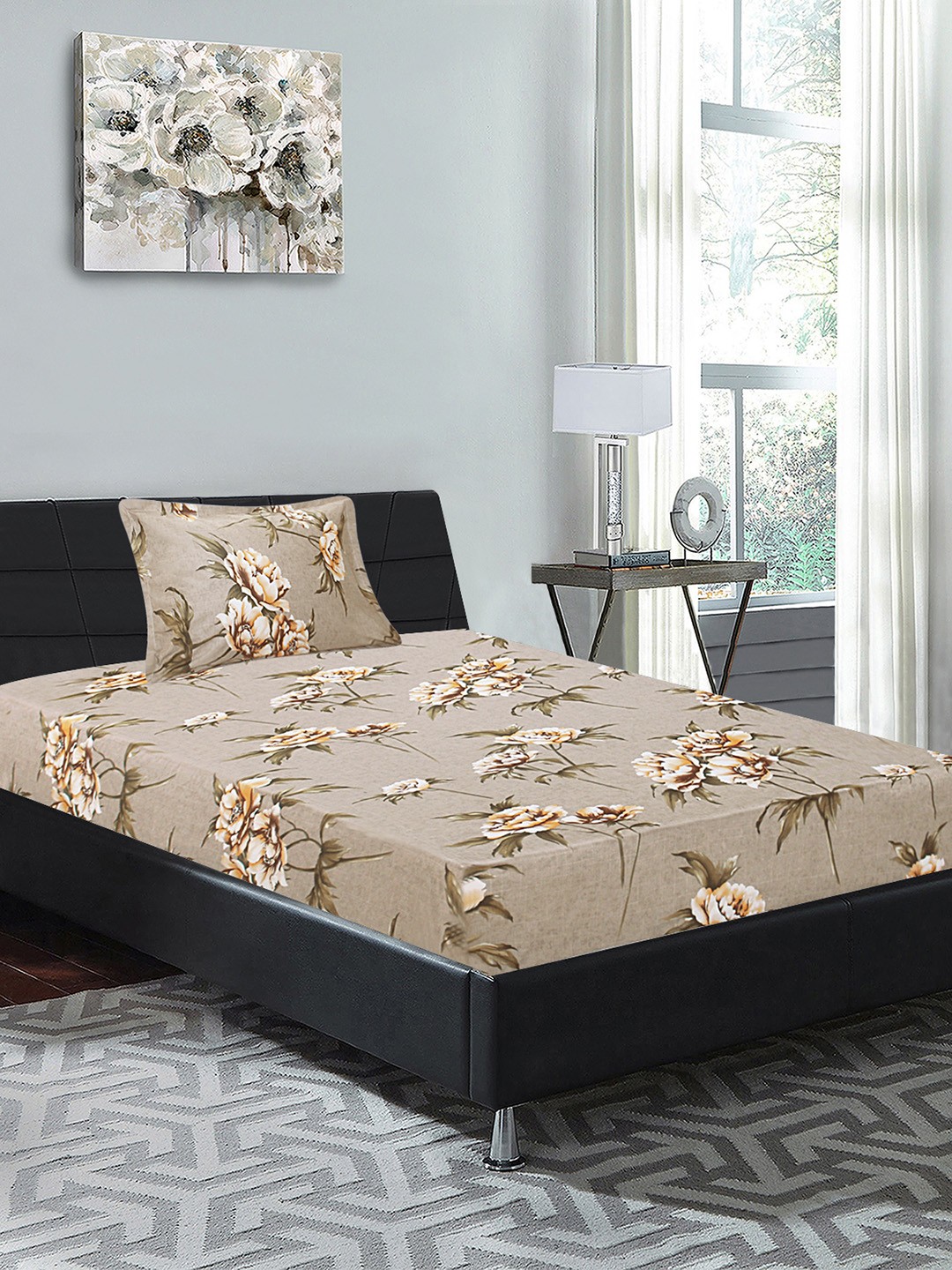 

Good Homes by Home Candy Grey & Olive Green Floral 144 TC Cotton Bedsheet & Pillow Cover