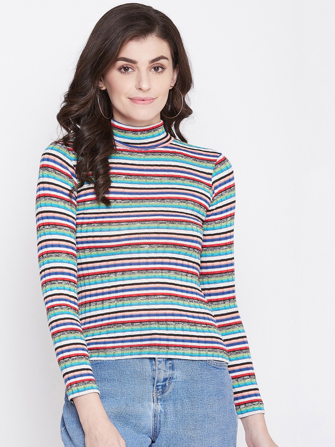 

PERFKT-U Women Multicoloured Striped High Neck T-shirt, Multi