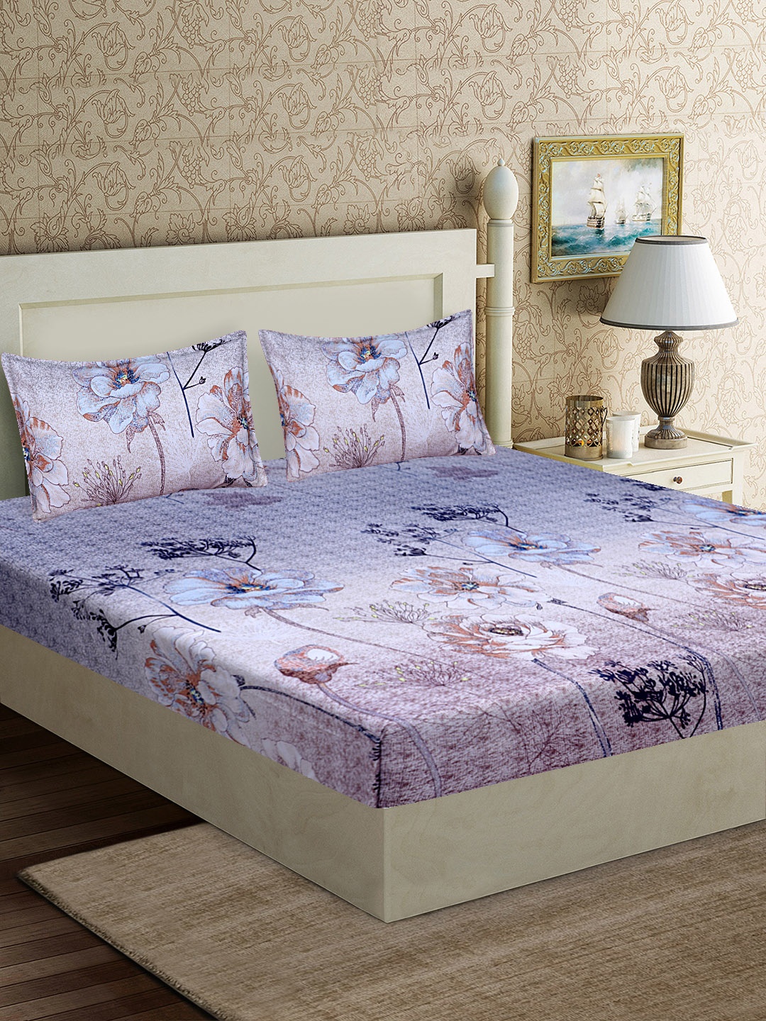 

Good Homes by Home Candy Blue & Brown Floral 1 Queen Bedsheet with 2 Pillow Covers