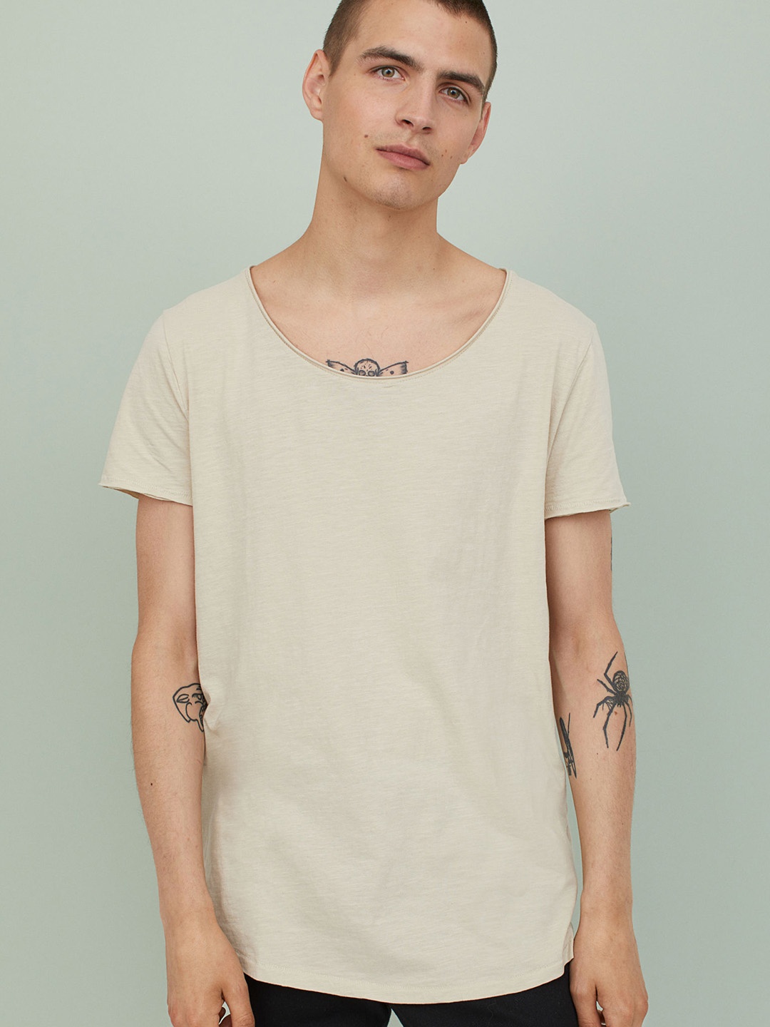 HM Men Beige Solid Raw Edge Pure Cotton T-shirt