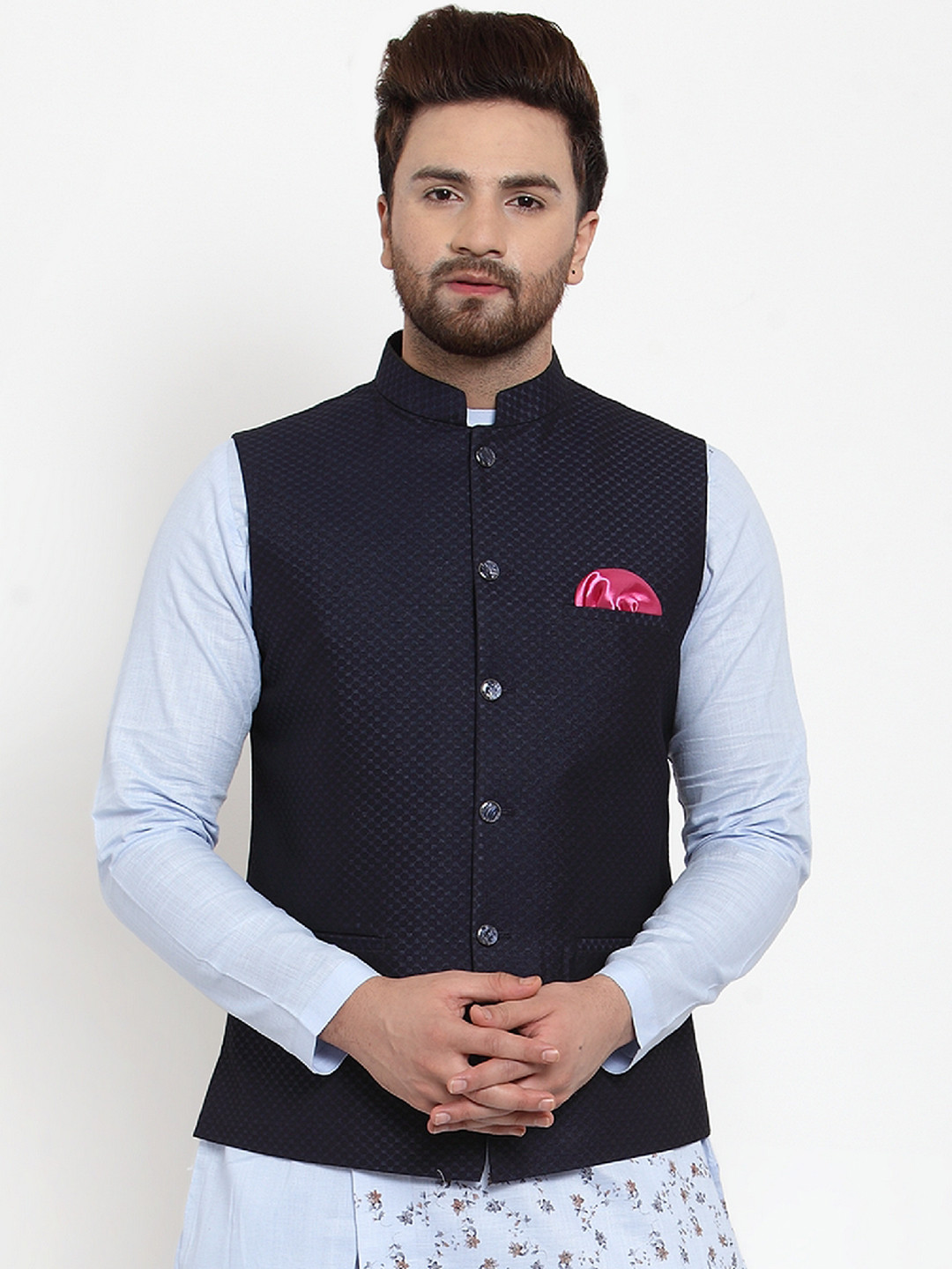 

MAXENCE Men Navy Blue Jacquard Nehru Jacket With Pocket Square