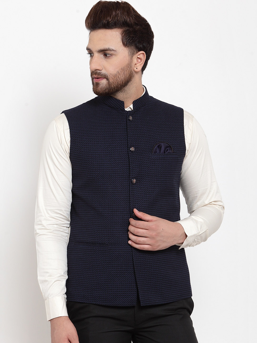 

MAXENCE Men Navy Blue Solid Woven Nehru Jacket with Pocket Square