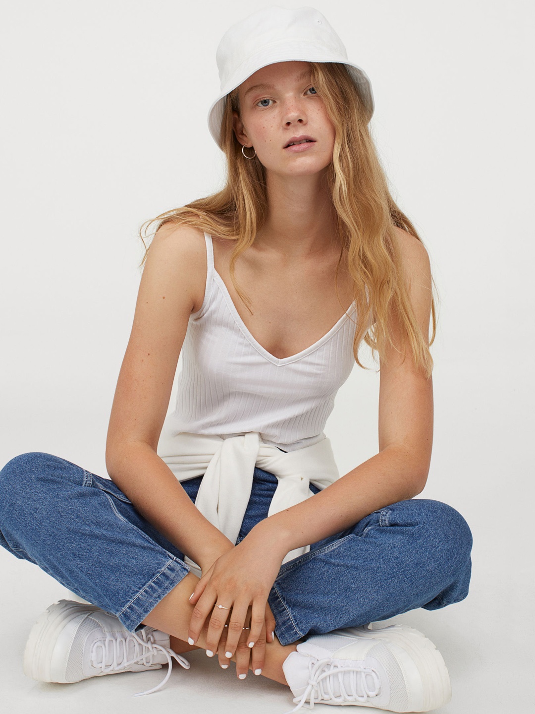 H&M Women White Solid Cropped Jersey Strappy Top