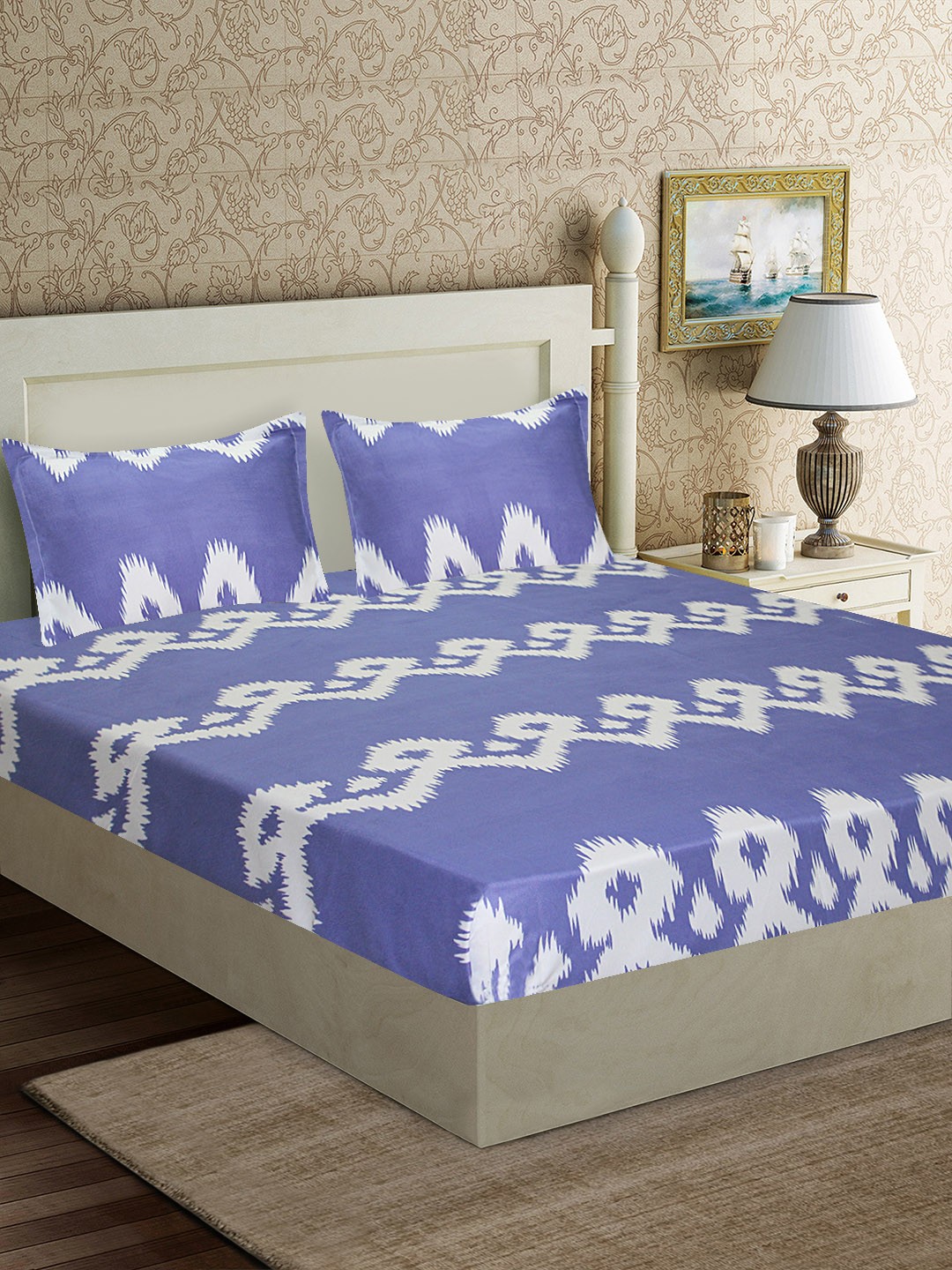 

Good Homes by Home Candy Purple & White Abstract 152 TC Polyester 1 Queen Bedsheet with 2 Pillow Covers