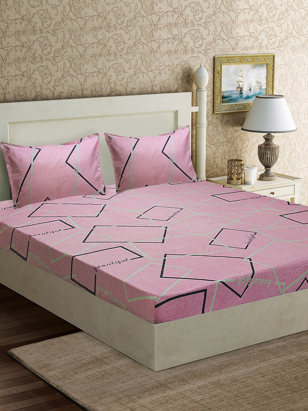 

Good Homes by Home Candy Pink & Black Geometric 152 TC Polyester 1 Queen Bedsheet with 2 Pillow Covers