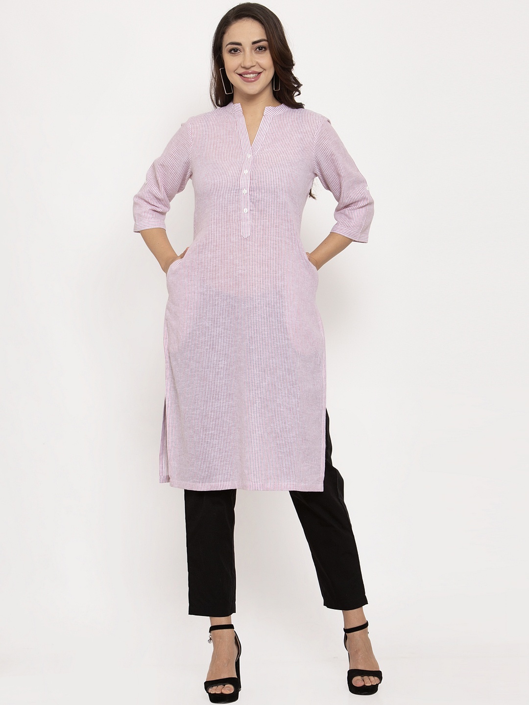 

Ayaany Women White & Pink Striped Straight Kurta