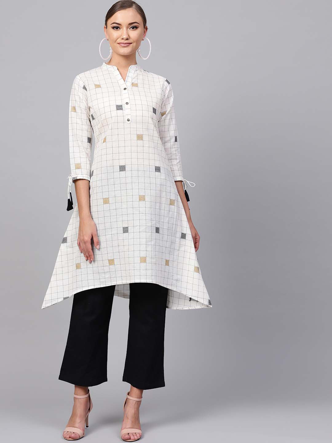 

Indo Era Women Cream-Coloured & Black Checked Kaftan Kurta