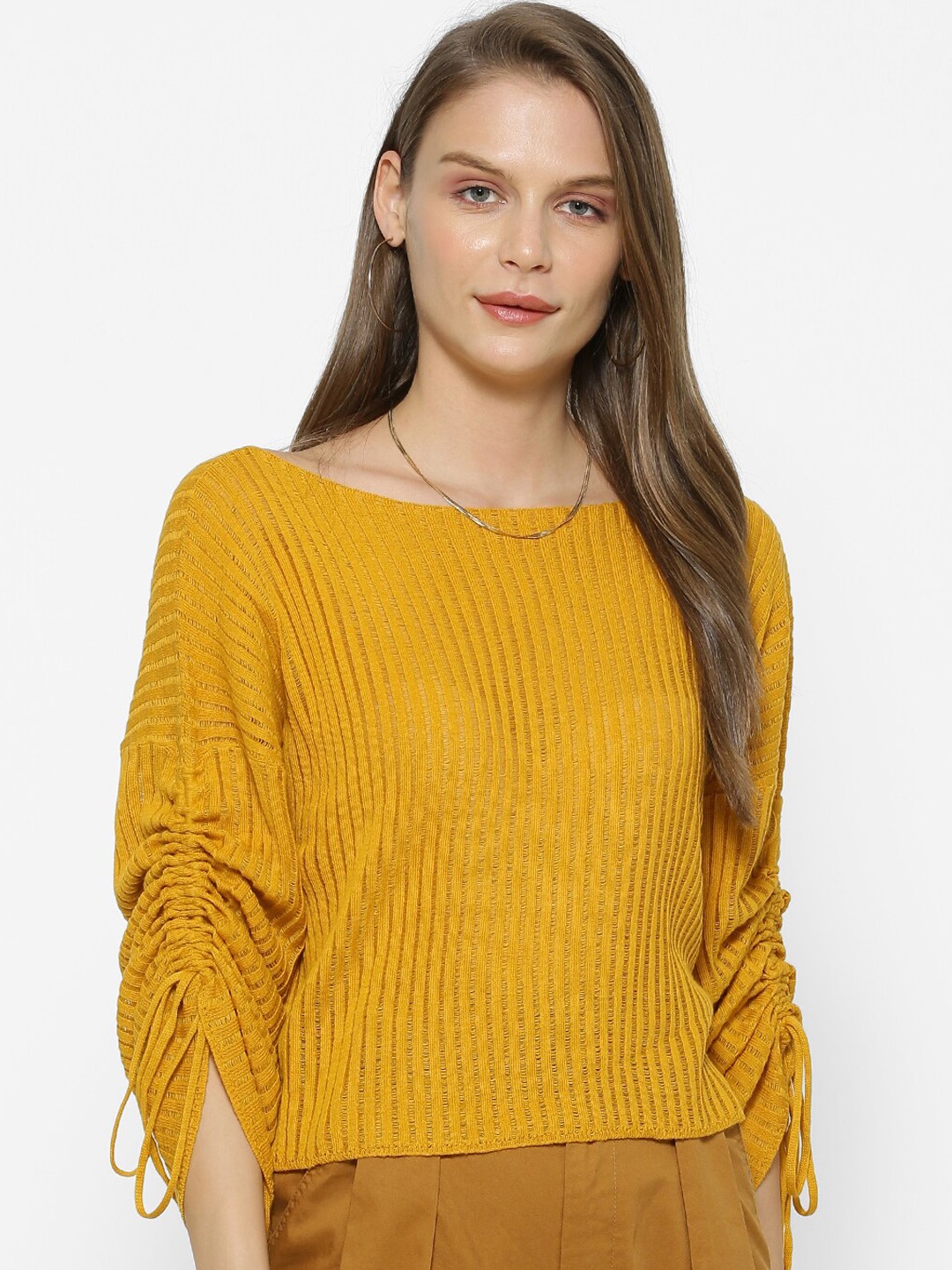 

FOREVER 21 Women Mustard Yellow Self Design Pullover Dolman Sweater