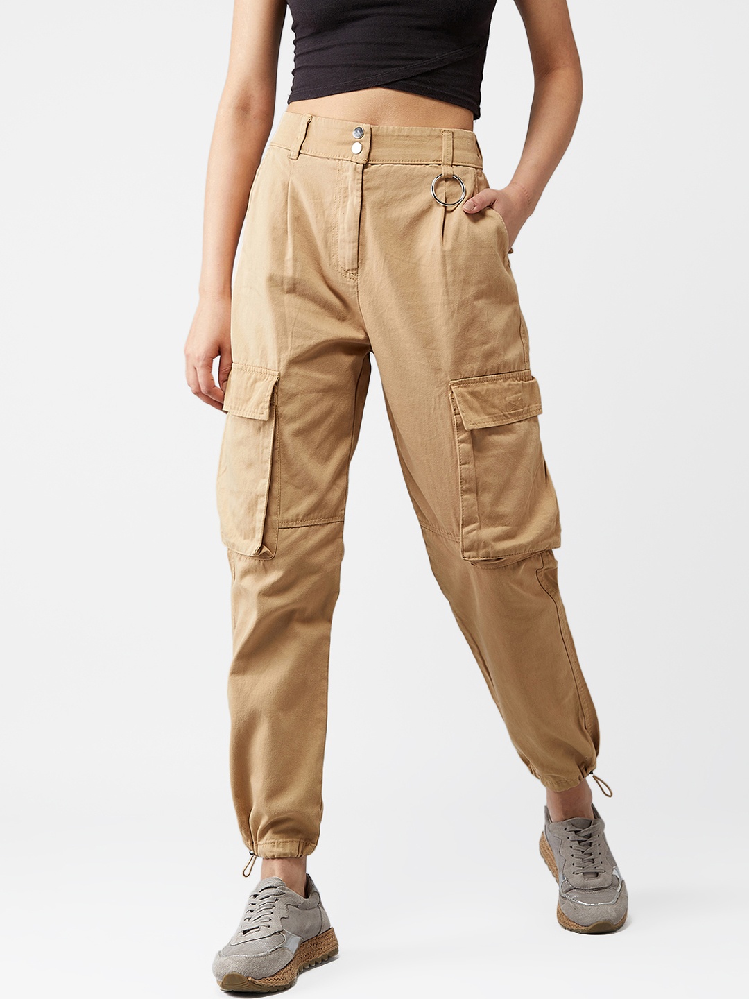 

Kotty Women Beige Boyfriend Fit Solid Cargos